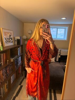 Women's Red Printed Satin Kimono Robe with Tie Belt